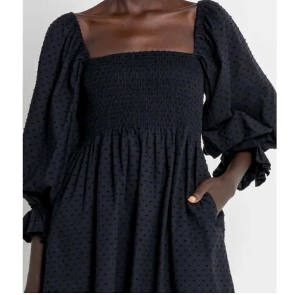 Kourt Black Clip Dot Smocked Puff Sleeve Mini Dress Women XL Cotton Square Neck